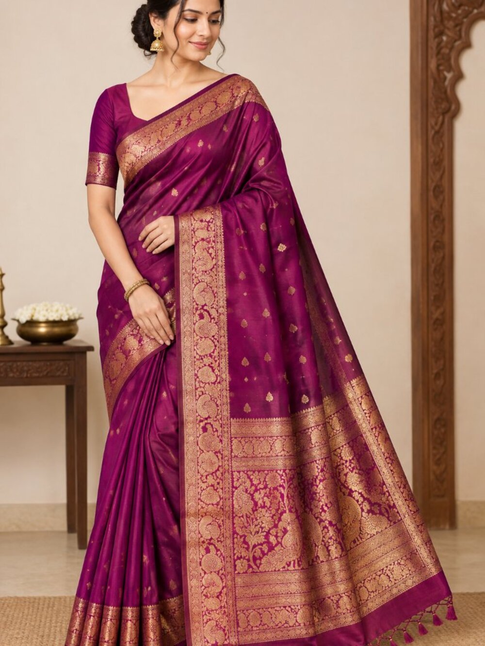 Independent Elegant Banarasi Silk Saree in Rich Purple with Gold Detailing